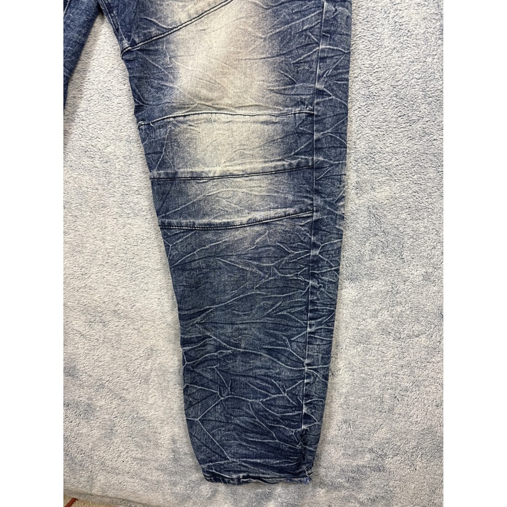 Blue Cult Mens 44 Blue Acid Wash Moto Denim Jeans Whiskered Crinkled Streetwear - Picture 4 of 16
